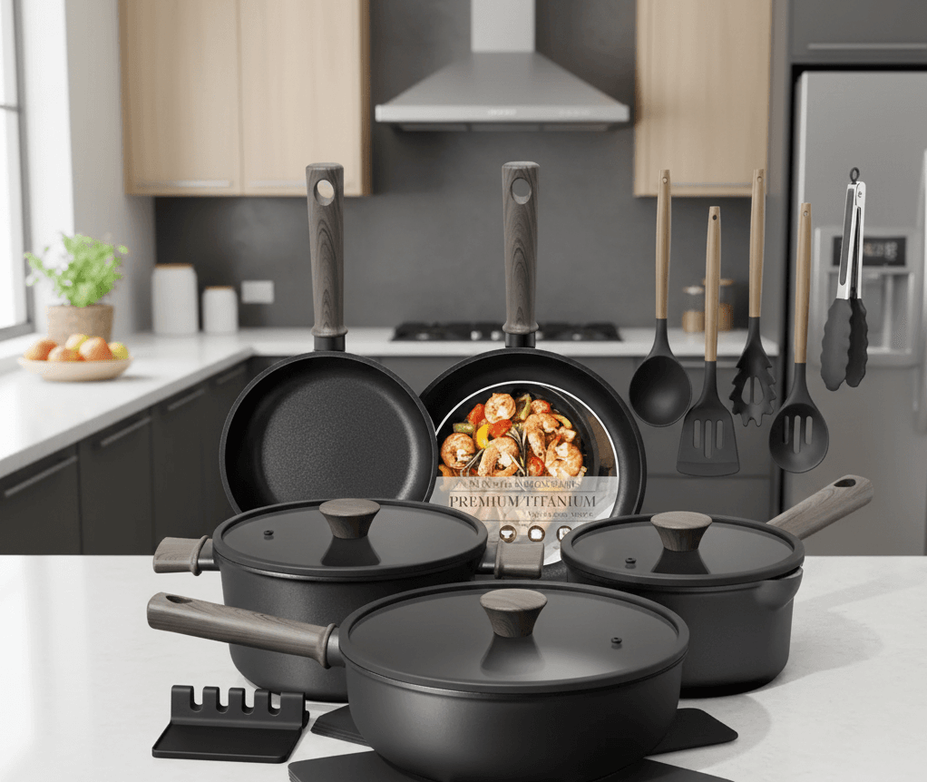 Premium Titanium non-stick cookware set including saucepans, frying pans, and essential cooking tools.