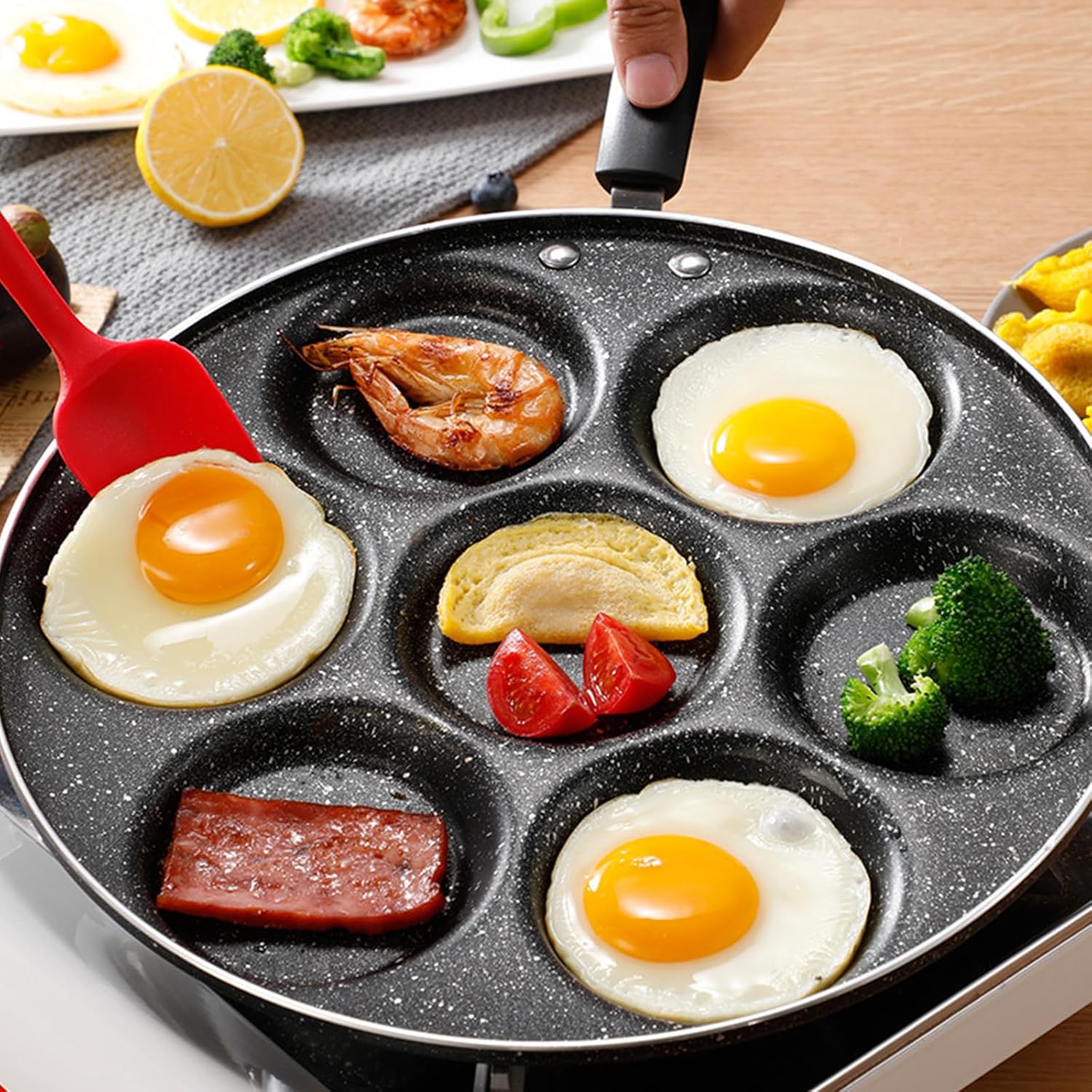 7-Hole Egg Frying Pan cooking eggs